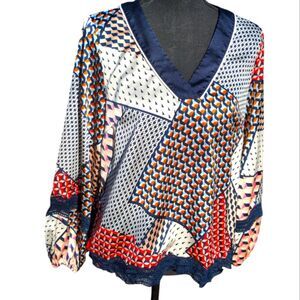 Silky Geometric Patchwork Blouse Crochet accents- Skies Are Blue, Size M